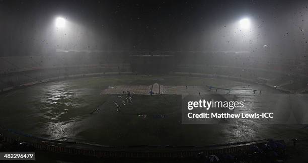 Heavy Rain stops play during the ICC World Twenty20 Bangladesh 2014 Semi Final match between Sri Lanka and the West Indies at Sher-e-Bangla Mirpur...