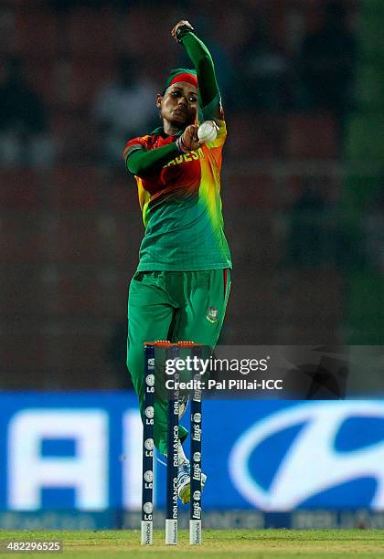 Jahanara Alam of Bangladesh bowls during the ICC Women's World Twenty20 9th/10th Ranking match between Bangladesh Women and Ireland Women played at...