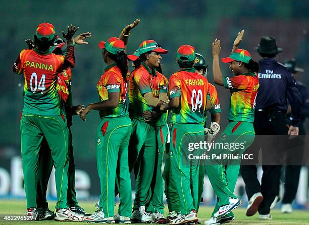 Salma Khatun captain of Bangladesh celebrates the wicket of Isobel Joyce captain of Ireland during the ICC Women's World Twenty20 9th/10th Ranking...