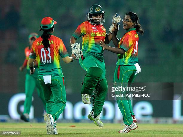 Rumana Ahmed of Bangladesh celebrates the wicket of Mary Waldron of Ireland during the ICC Women's World Twenty20 9th/10th Ranking match between...