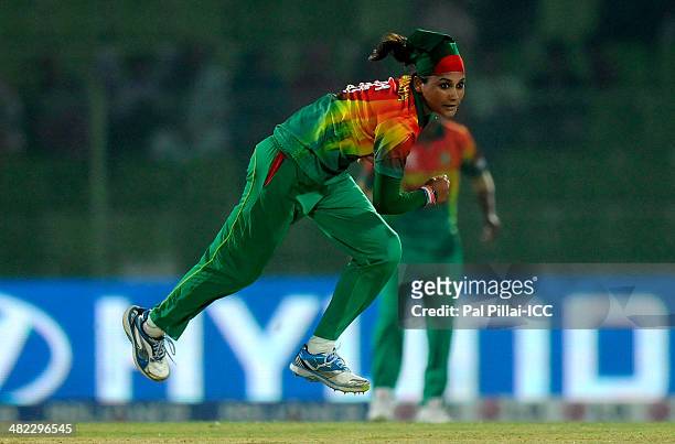 Jahanara Alam of Bangladesh bowls during the ICC Women's World Twenty20 9th/10th Ranking match between Bangladesh Women and Ireland Women played at...