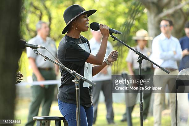 Bozeman performs at the Amnesty International Tapestry Honoring John Lennon Unveiling at Ellis Island on July 29, 2015 in New York City.