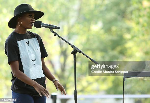 Bozeman performs at the Amnesty International Tapestry Honoring John Lennon Unveiling at Ellis Island on July 29, 2015 in New York City.