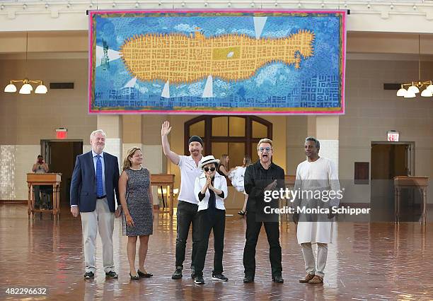 Bill Shipsey, Melissa Mark-Viverito, The Edge, Yoko Ono, Bono and Salil Shetty attend the Amnesty International Tapestry Honoring John Lennon...