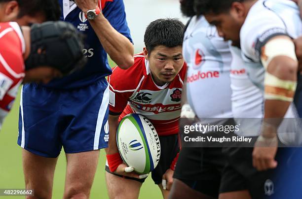 Fumiaki Tanaka of Japan waits for a scrum during the World Rugby Pacific Nations Cup match against Fiji at BMO Field on July 29, 2015 in Toronto,...