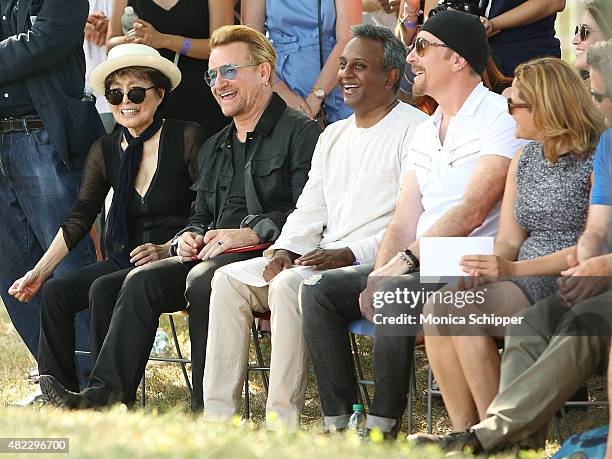 Yoko Ono, Bono, Salil Shetty, The Edge and Melissa Mark-Viverito attend the Amnesty International Tapestry Honoring John Lennon Unveiling at Ellis...