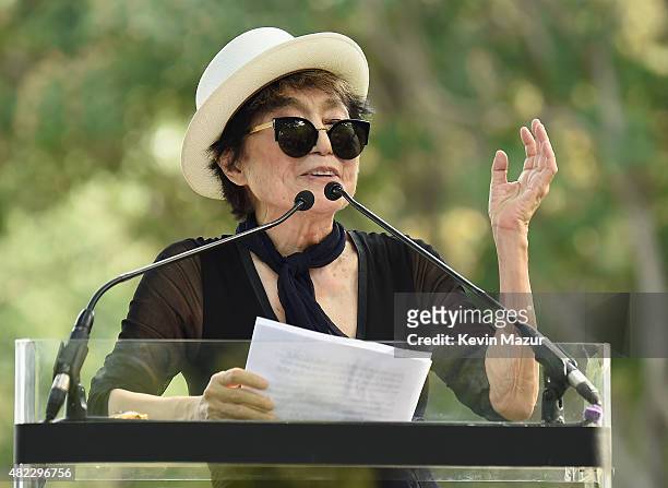 Yoko Ono speaks at Amnesty International Tapestry Honoring John Lennon Unveiling at Ellis Island on July 29, 2015 in New York City.