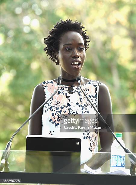 Actress Kuoth Wiel speaks at Amnesty International Tapestry Honoring John Lennon Unveiling at Ellis Island on July 29, 2015 in New York City.
