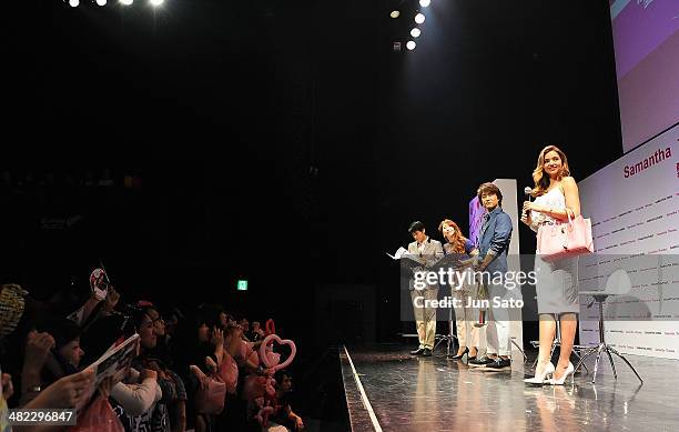 Miranda Kerr and Takahiro of EXILE attend Samantha Thavasa Fan Event at the Akasaka Britz on April 3, 2014 in Tokyo, Japan.