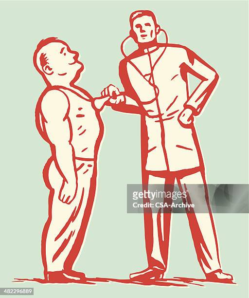 doctor using stethoscope on strong man - old fashioned doctor stock illustrations