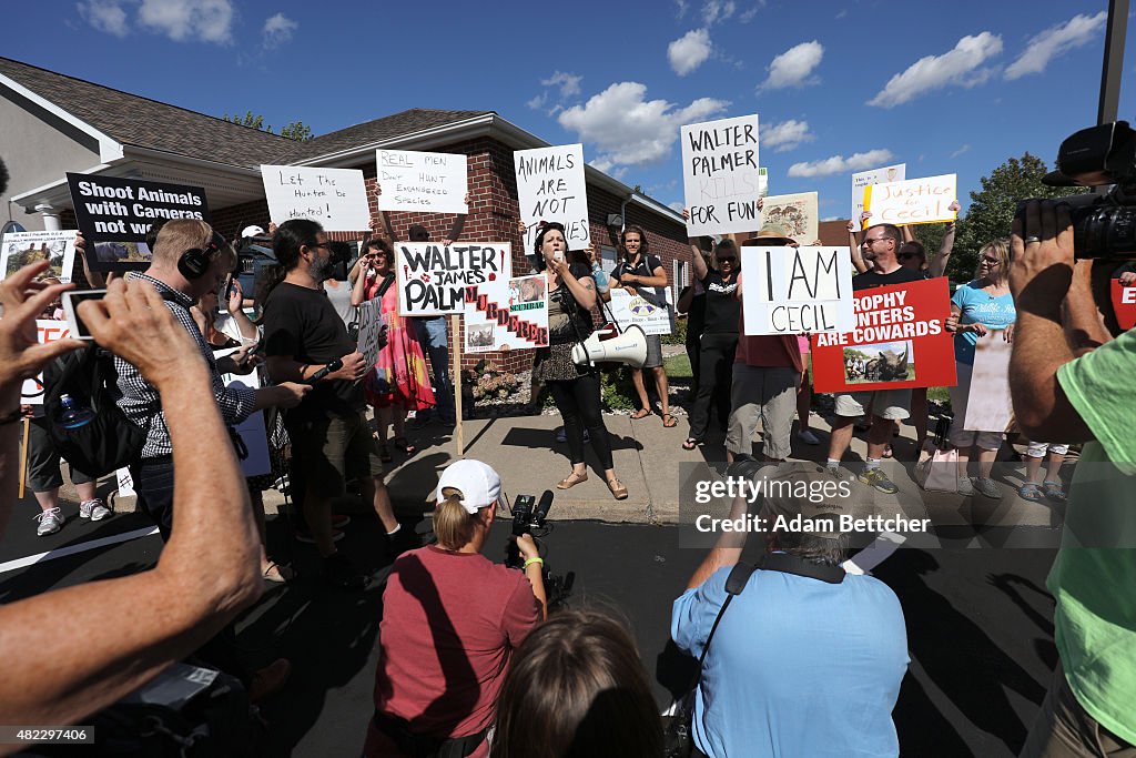 Memorial And Protest Held At Office Of Minnesota Dentist That Killed Famed Lion In Zimbabwe