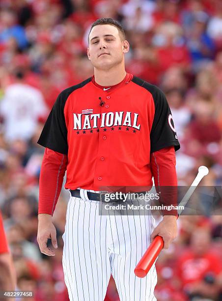 National League All-Star Anthony Rizzo of the Chicago Cubs looks on prior to the Gillette Home Run Derby presented by Head & Shoulders at the Great...