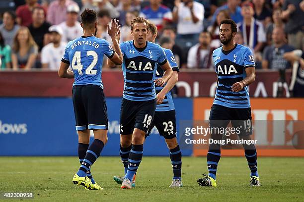 Harry Kane of Tottenham Hotspur celebrates his goal in the 37th minute against the MLS All-Stars with teammates Nabil Bentaleb, Christian Eriksen and...
