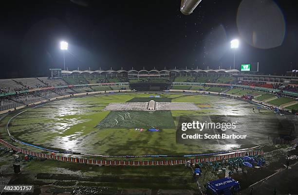 General view as the field is flooded after heavy rain during the ICC World Twenty20 Bangladesh 2014 1st Semi-Final match between Sri Lanka and the...