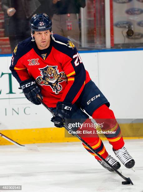 Krys Barch of the Florida Panthers skates with the puck prior to the start of the game against the Montreal Canadiens at the BB&T Center on March 29,...