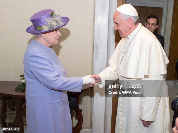 Pope Francis welcomes Queen Elizabeth II for a private audience during their one-day visit to Rome on April 3, 2014 in Vatican City, Vatican. During...
