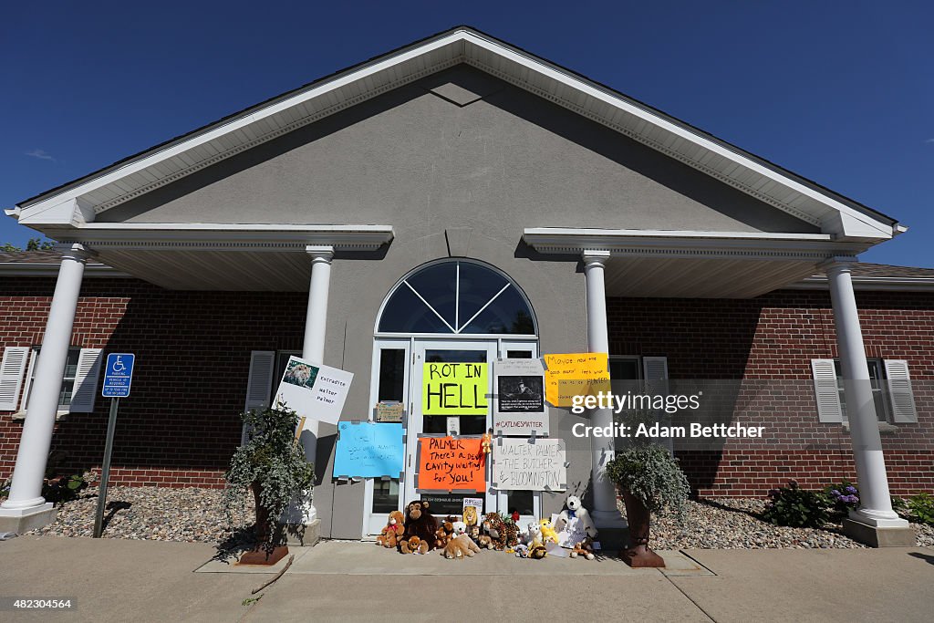 Memorial And Protest Held At Office Of Minnesota Dentist That Killed Famed Lion In Zimbabwe