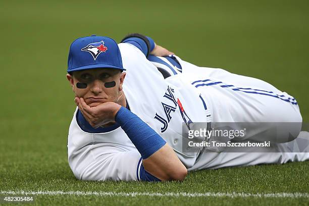 Troy Tulowitzki of the Toronto Blue Jays stretches before the start of MLB game action against the Philadelphia Phillies on July 29, 2015 at Rogers...