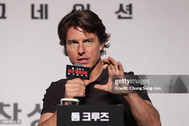 Tom Cruise attends the Press Conference and Photocall of 'Mission: Impossible - Rogue Nation' at the Grand Intercontinental Seoul Hotel at on July...
