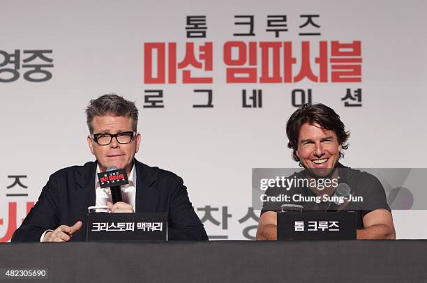 Tom Cruise and Christopher McQuarrie attend the Press Conference and Photocall of 'Mission: Impossible - Rogue Nation' at the Grand Intercontinental...