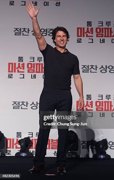 Tom Cruise attends the Press Conference and Photocall of 'Mission: Impossible - Rogue Nation' at the Grand Intercontinental Seoul Hotel at on July...