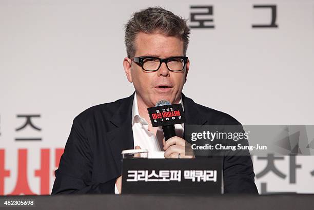 Christopher McQuarrie attends the Press Conference and Photocall of 'Mission: Impossible - Rogue Nation' at the Grand Intercontinental Seoul Hotel at...