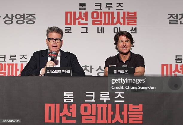 Tom Cruise and Christopher McQuarrie attend the Press Conference and Photocall of 'Mission: Impossible - Rogue Nation' at the Grand Intercontinental...