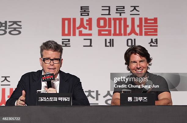 Tom Cruise and Christopher McQuarrie attend the Press Conference and Photocall of 'Mission: Impossible - Rogue Nation' at the Grand Intercontinental...