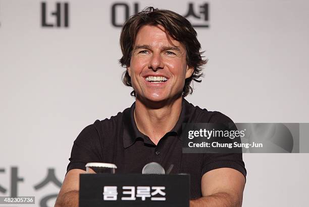 Tom Cruise attends the Press Conference and Photocall of 'Mission: Impossible - Rogue Nation' at the Grand Intercontinental Seoul Hotel at on July...