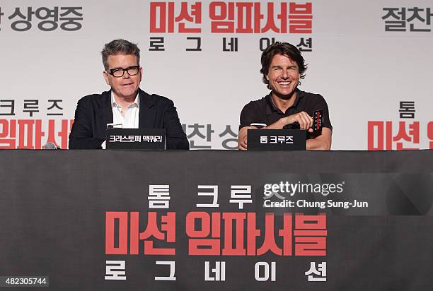 Tom Cruise and Christopher McQuarrie attend the Press Conference and Photocall of 'Mission: Impossible - Rogue Nation' at the Grand Intercontinental...