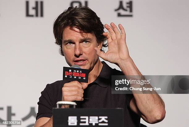 Tom Cruise attends the Press Conference and Photocall of 'Mission: Impossible - Rogue Nation' at the Grand Intercontinental Seoul Hotel at on July...