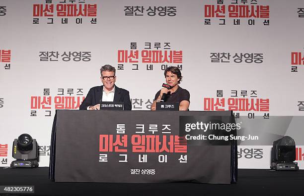 Tom Cruise and Christopher McQuarrie attend the Press Conference and Photocall of 'Mission: Impossible - Rogue Nation' at the Grand Intercontinental...
