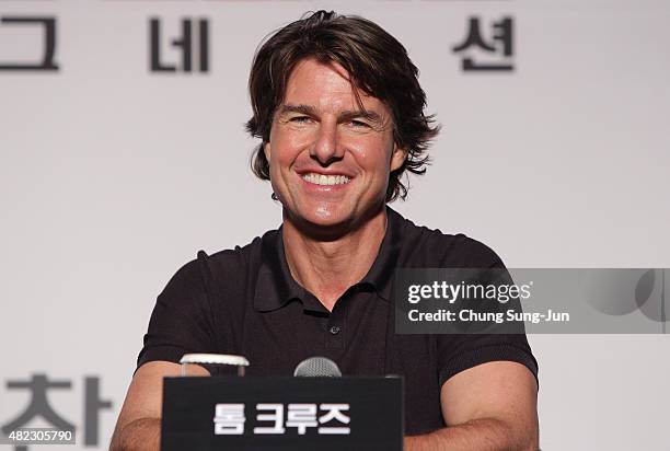 Tom Cruise attends the Press Conference and Photocall of 'Mission: Impossible - Rogue Nation' at the Grand Intercontinental Seoul Hotel at on July...