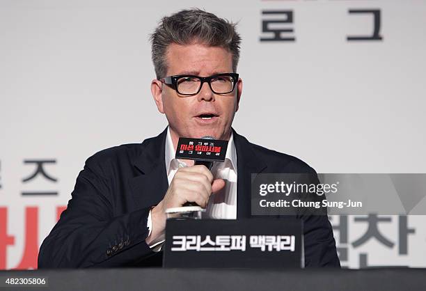 Christopher McQuarrie attends the Press Conference and Photocall of 'Mission: Impossible - Rogue Nation' at the Grand Intercontinental Seoul Hotel at...