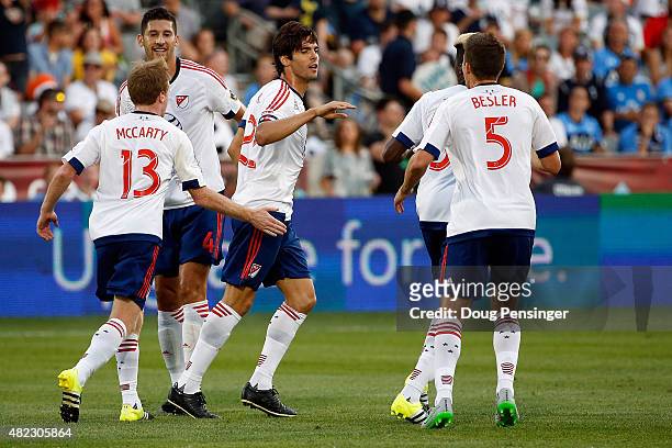 Kaka of MLS All-Stars celebrates after striking a penalty kick for a goal in the 20th minute to take a 1-0 lead over the Tottenham Hotspur during the...