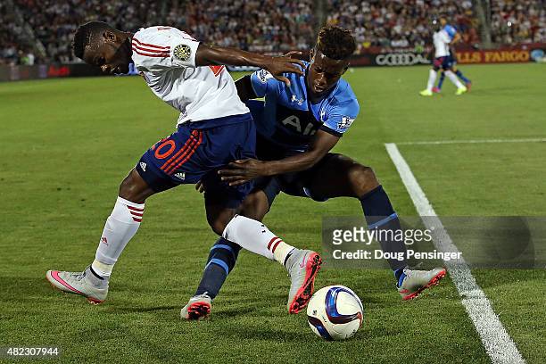 Waylon Francis of MLS All-Stars and Josh Onomah of Tottenham Hotspur battle for control of the ball during the 2015 AT&T Major League Soccer All-Star...