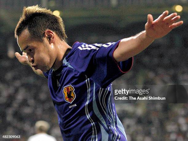 Naohiro Takahara of Japan celebrates a goal during the international friendly match between Germany and Japan at BayArena on May 30, 2006 in...