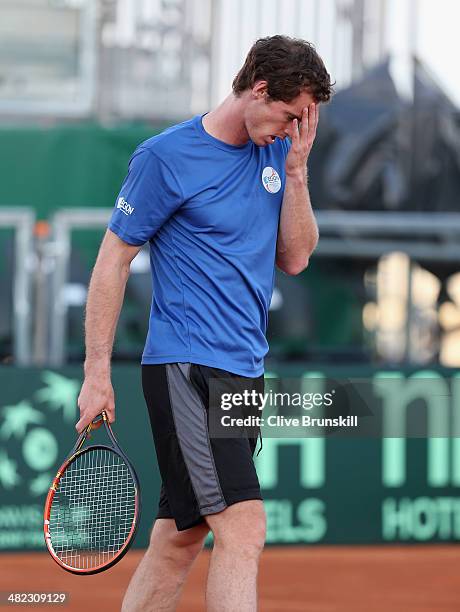 Andy Murray of Great Britain during a late practice session prior to the Davis Cup World Group Quarter Final match between Italy and Great Britain at...