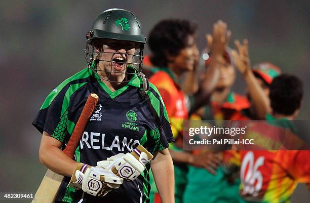 Louise McCarthy of Ireland reacts as she walks back after getting out during the ICC Women's World Twenty20 9th/10th Ranking match between Bangladesh...