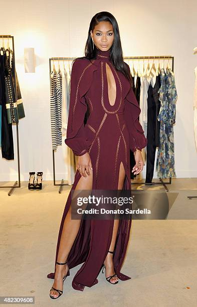 Model Chanel Iman attends the opening of the ZIMMERMANN Melrose Place Flagship Store hosted by Nicky and Simone Zimmermann on July 29, 2015 in Los...