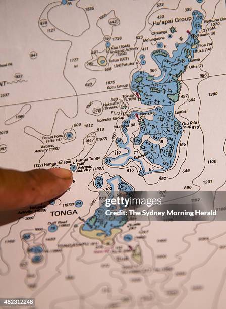 The location of the newest island on Earth is marked on a map between two other South Pacific islands, Hunga Tonga and Hunga Ha'apai, July 10, 2015....
