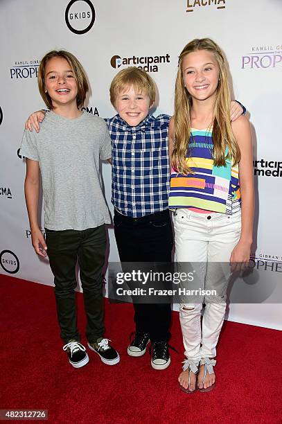 Actors Mace Coronel,Casey Simpson,Lizzy Greene, arrive at the Screening of GKIDS' "Kahlil Gibran's The Prophet" at Bing Theatre At LACMA on July 29,...