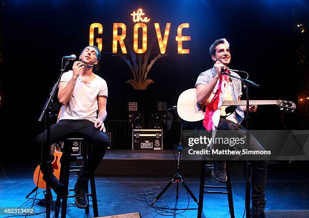 Musicians Alex Gaskarth and Jack Barakat of All Time Low perform onstage at the 2015 Summer Concert Series at the Grove on July 29, 2015 in Los...