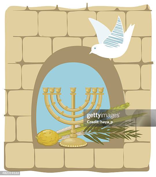 sukkoth plants and golden menorah on old stone wall background - citron stock illustrations