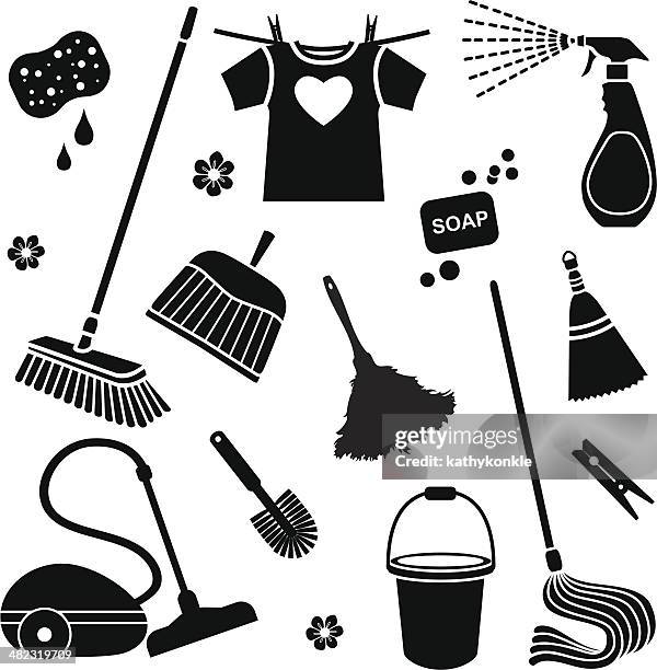 ilustraciones, imágenes clip art, dibujos animados e iconos de stock de iconos de limpieza - dustpan and brush