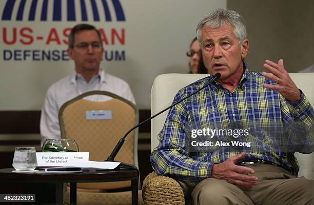 Secretary of Defense Chuck Hagel speaks during a Minister's Dialogue with his counterparts from southeastern Asia April 3, 2014 in Honolulu, Hawaii....