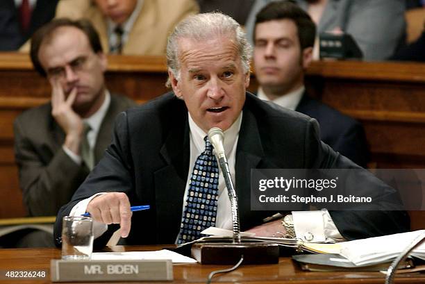 Senate Judiciary Committee Member Joeseph R. Biden speaks on Capitol Hill about President Bush's judicial nomination. The committee agreed to delay...