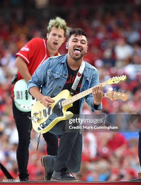 Walk The Moon guitarist Eli Maiman performs prior to the Gillette Home Run Derby presented by Head & Shoulders at the Great American Ball Park on...
