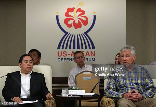 Secretary of Defense Chuck Hagel speaks during a Minister's Dialogue with his counterparts from southeastern Asia, as Defense Minister of Myanmar...