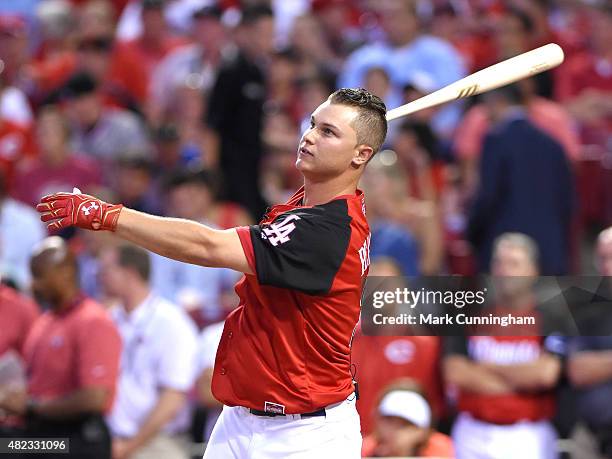 National League All-Star Joc Pederson of the Los Angeles Dodgers bats during the Gillette Home Run Derby presented by Head & Shoulders at the Great...